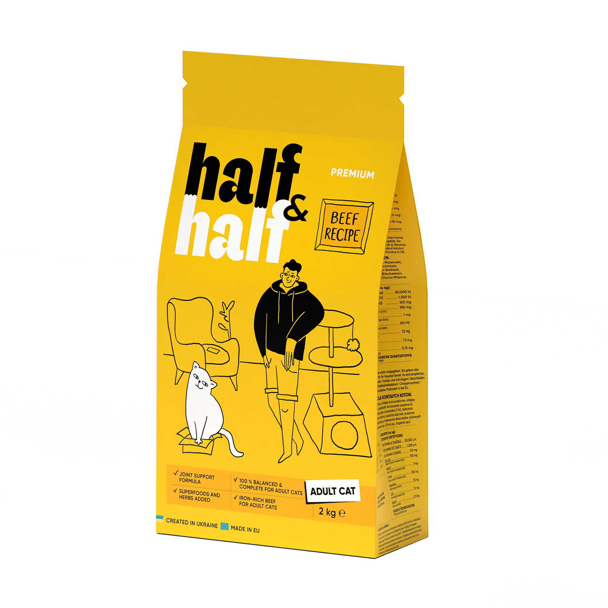 Сухий корм для дорослих кішок Half&amp;Half із яловичиною, 2 кг