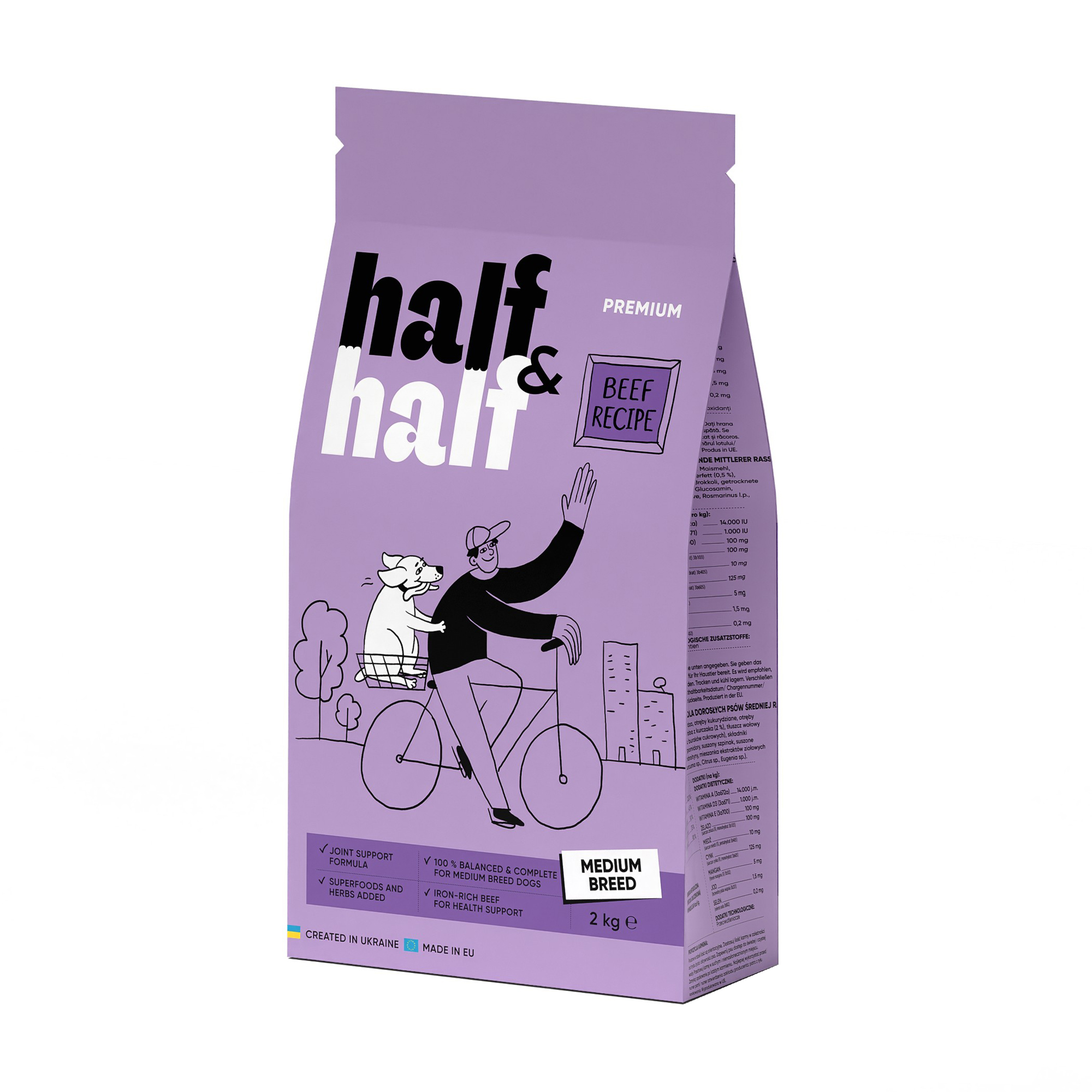 Сухий корм для дорослих собак середніх порід Half&amp;Half із яловичиною, 2 кг