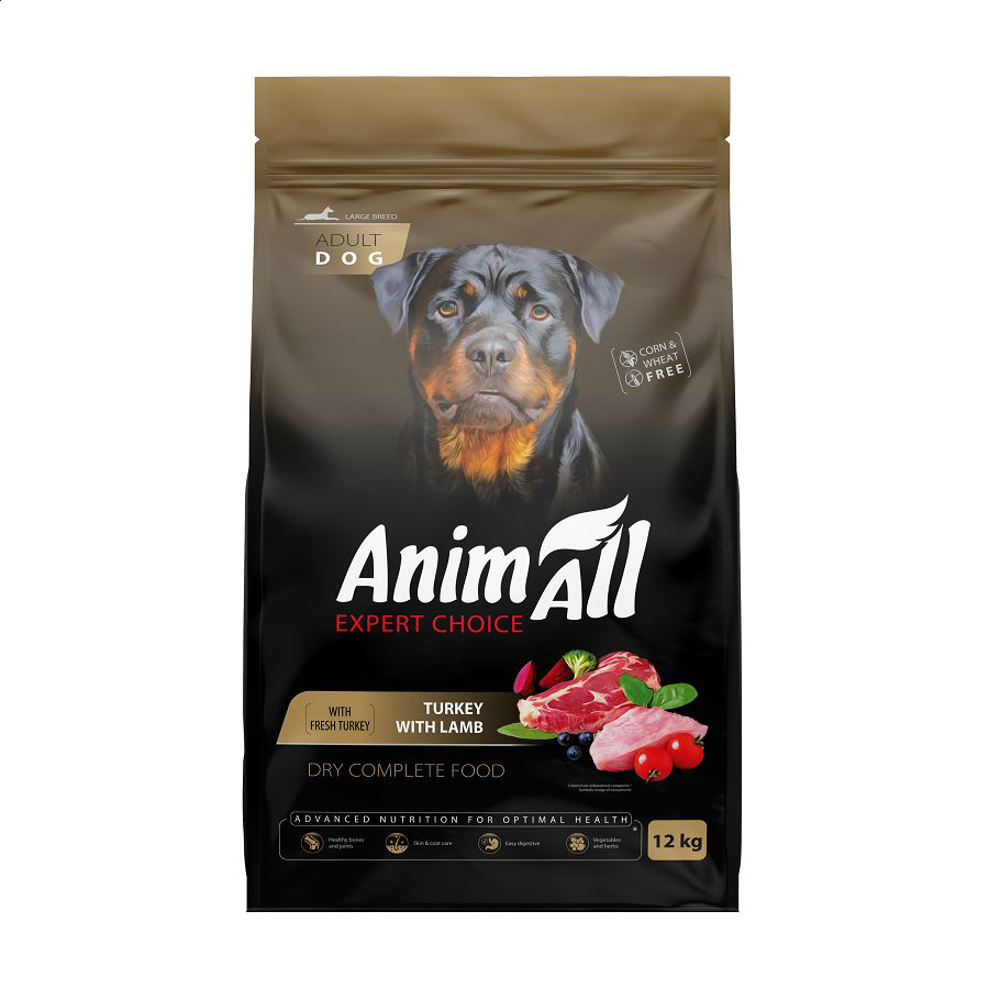 Уцінка! Сухий корм для дорослих собак великих порід AnimAll зі свіжою індичкою та ягням, 12 кг